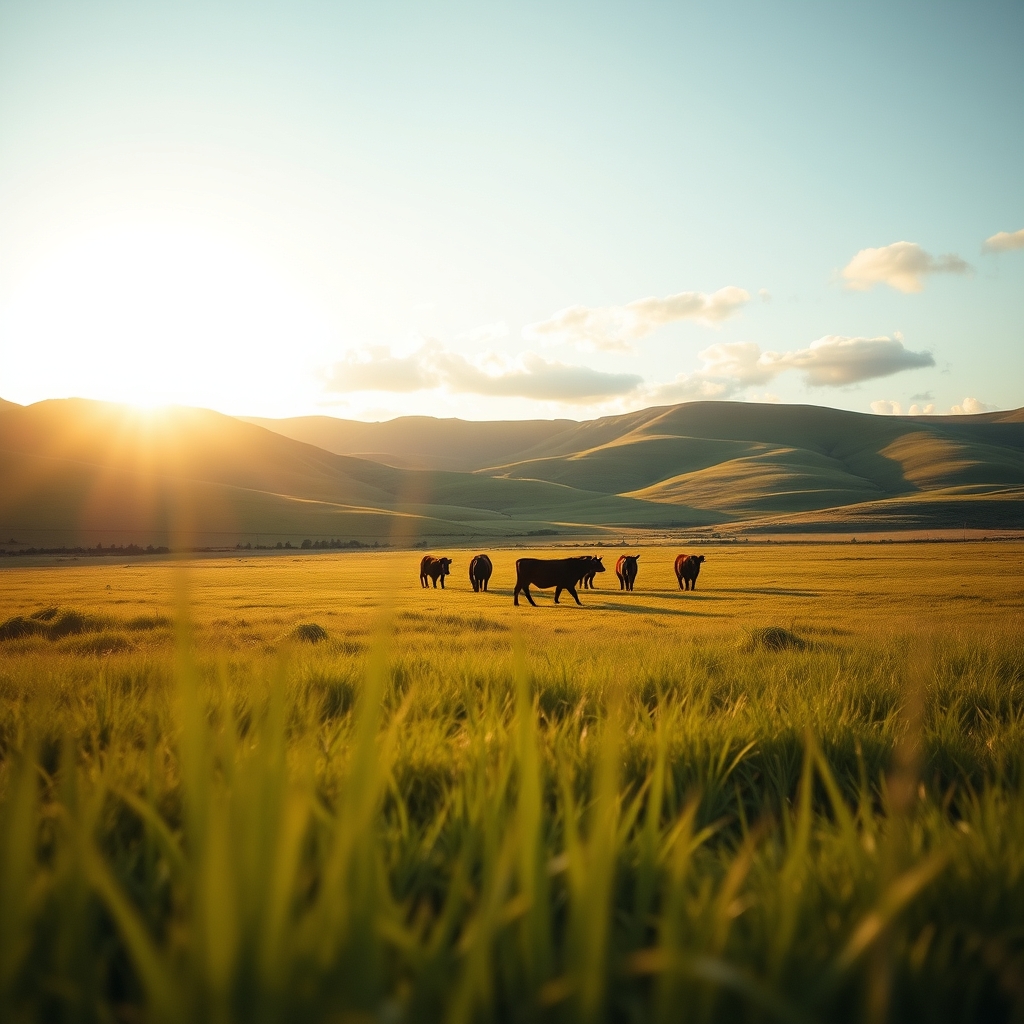 Herd of cattle grazing on an open green pasture at golden hour with rolling hills and blue sky in the background