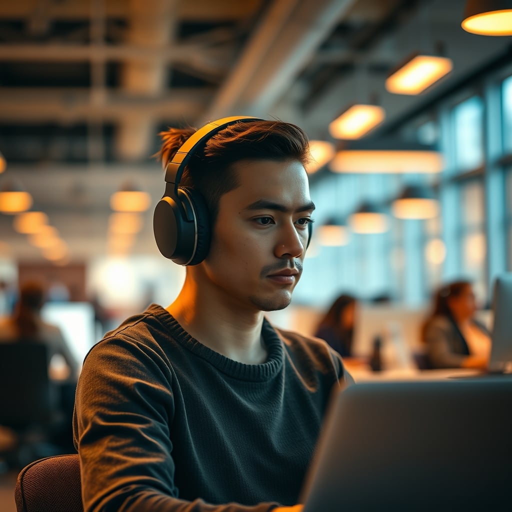 best headphones 2026 — Person wearing over-ear noise-canceling headphones focused on a laptop in a busy blurred open-plan office.