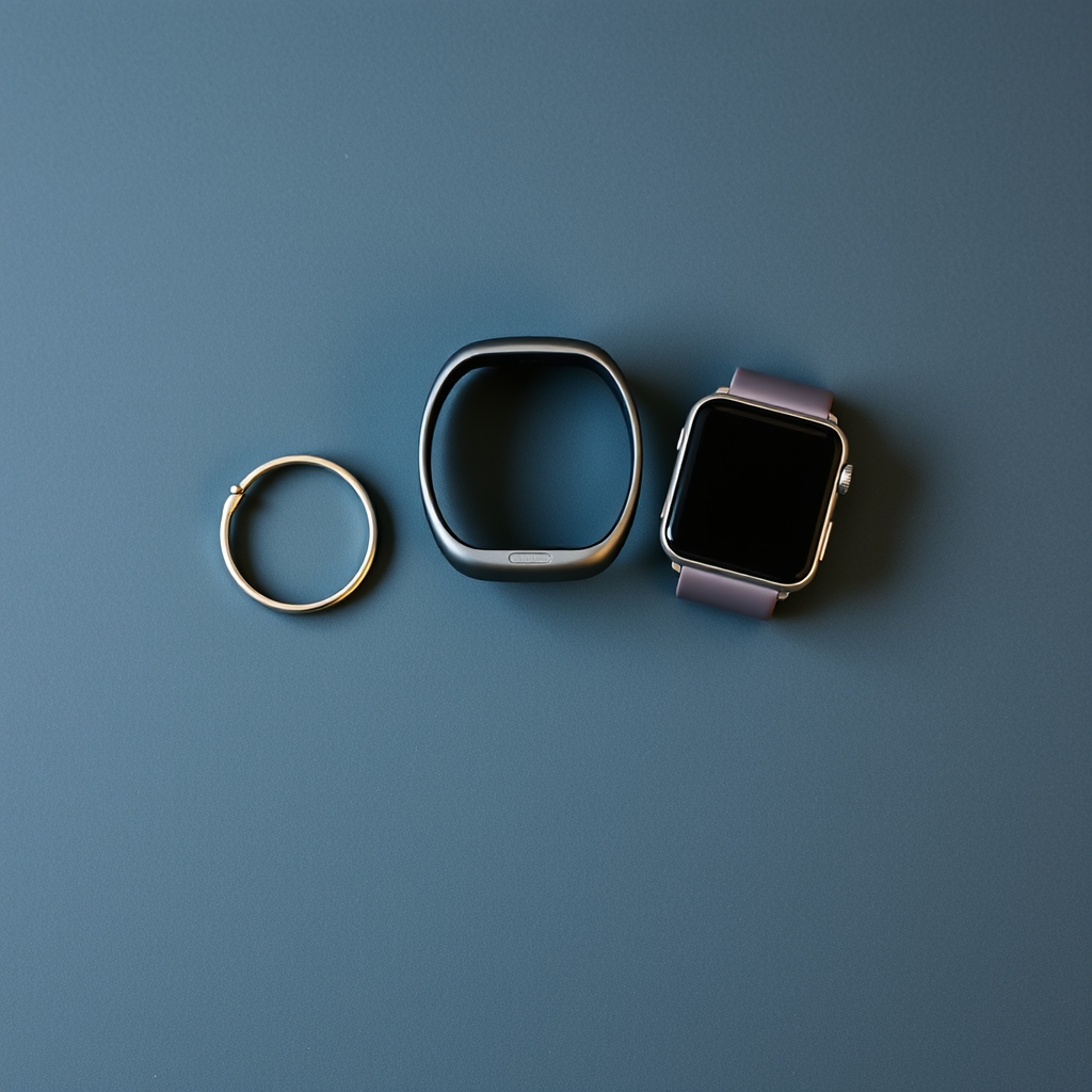 best health tracking wearables — Three health tracking wearables—a ring, a fitness band, and a smartwatch—arranged in a flat-lay on a dark slate surface.