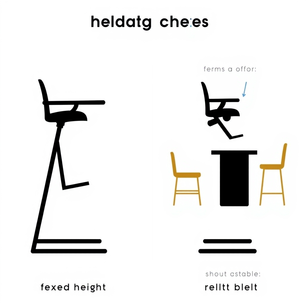 best high chair 2026 — Side-by-side diagram of a fixed-height high chair versus an adjustable high chair shown at multiple table heights.