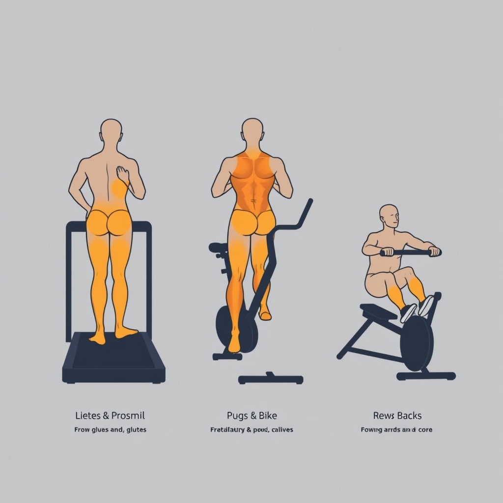 best home cardio equipment — Three body silhouettes showing muscle groups engaged by a treadmill, stationary bike, and rowing machine respectively.