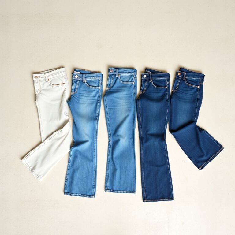 Five pairs of jeans in different silhouettes laid flat on a concrete surface, showing varied leg shapes from waist to hem.