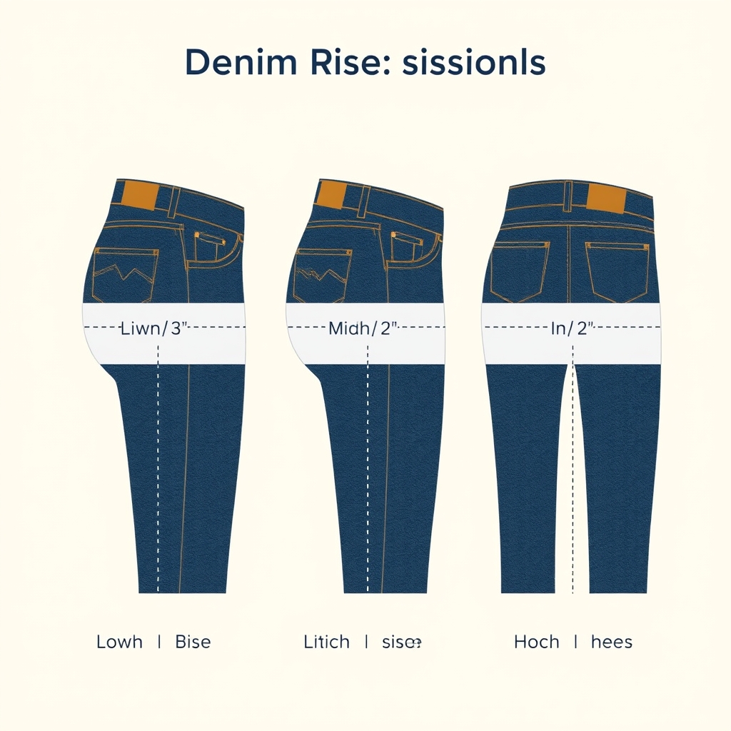 Diagram comparing low-rise, mid-rise, and high-rise jeans waistband positions with dotted inch measurements on each silhouette.