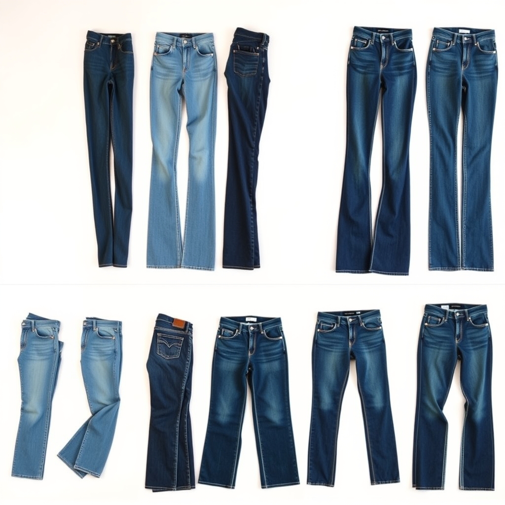 Six pairs of jeans arranged side by side showing skinny, straight, bootcut, flare, boyfriend, and wide-leg silhouettes for comparison.