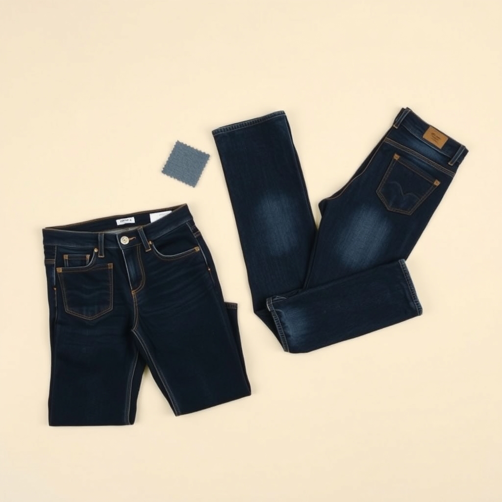 Two pairs of dark-wash bootcut jeans photographed from above with fabric swatches showing different stretch percentages beside each pair.