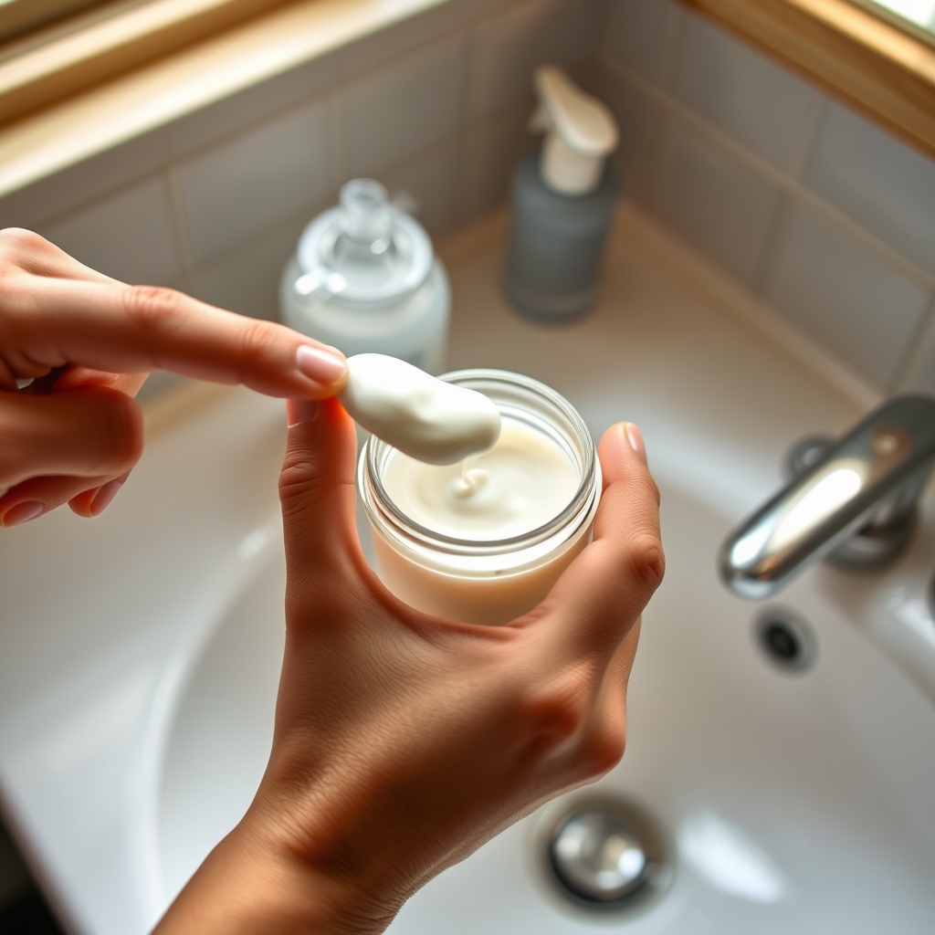 best leave-in conditioner — Hand scooping a small dime-sized portion of leave-in conditioning cream from an open jar near a bathroom sink