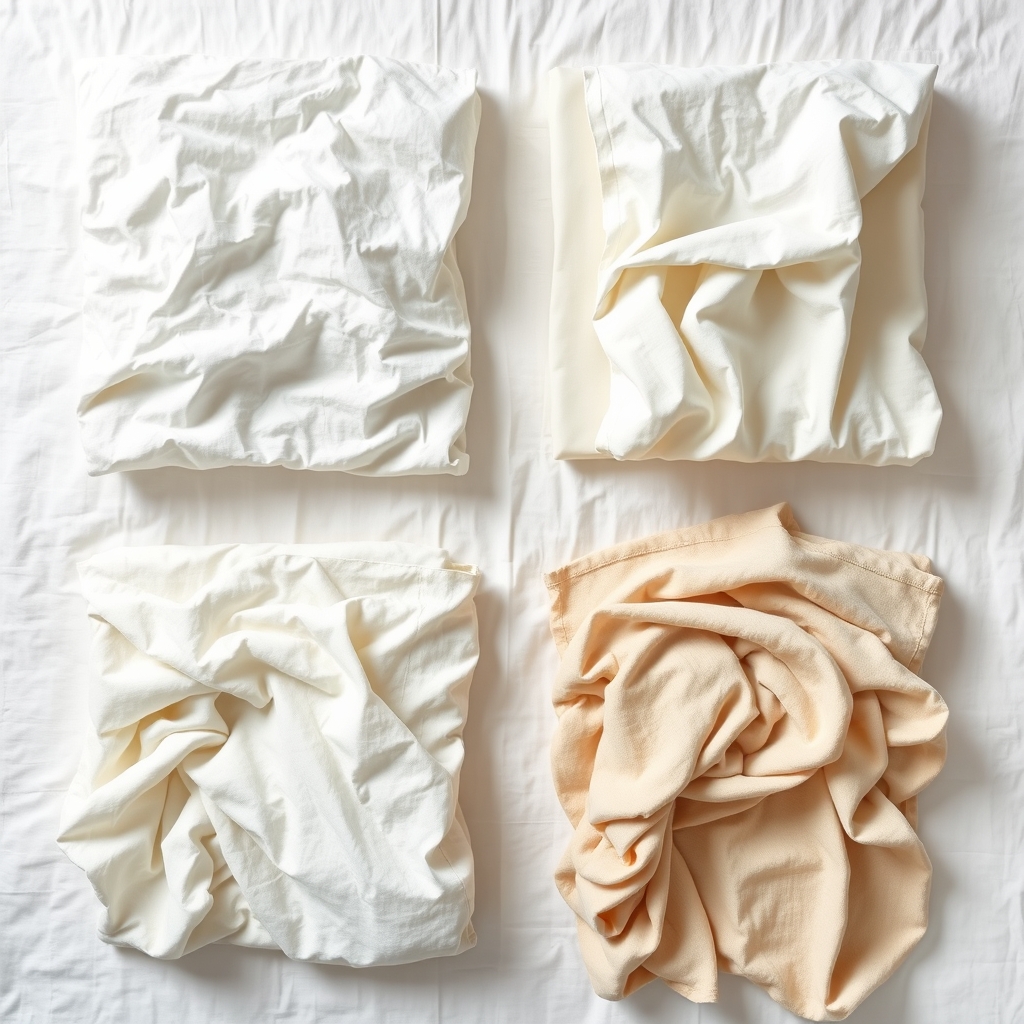 best linen sheets for hot sleepers — Four-panel flat-lay showing linen sheet texture progression from stiff and creased when new to soft and fluid after extended use.