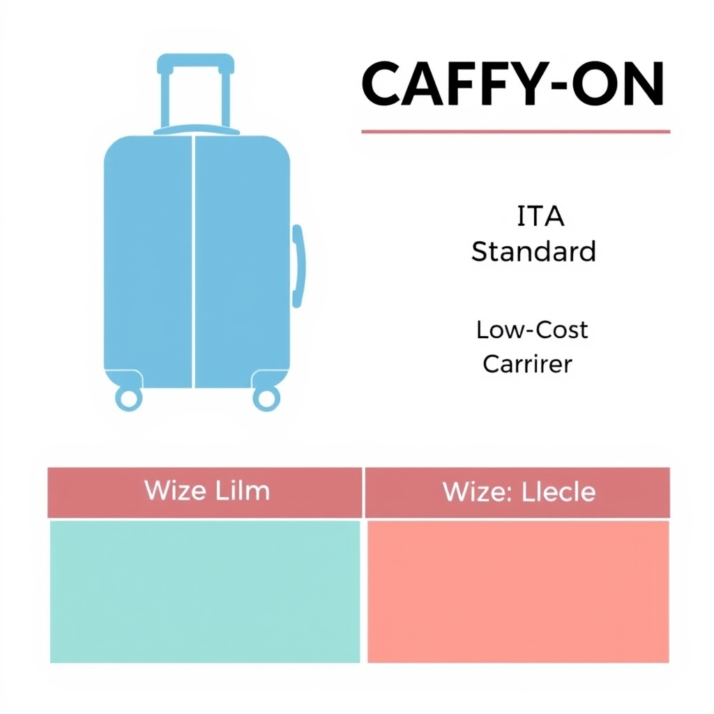best luggage international travel — Flat vector diagram of a carry-on suitcase with dimension arrows and two airline size-limit comparison boxes side by side.