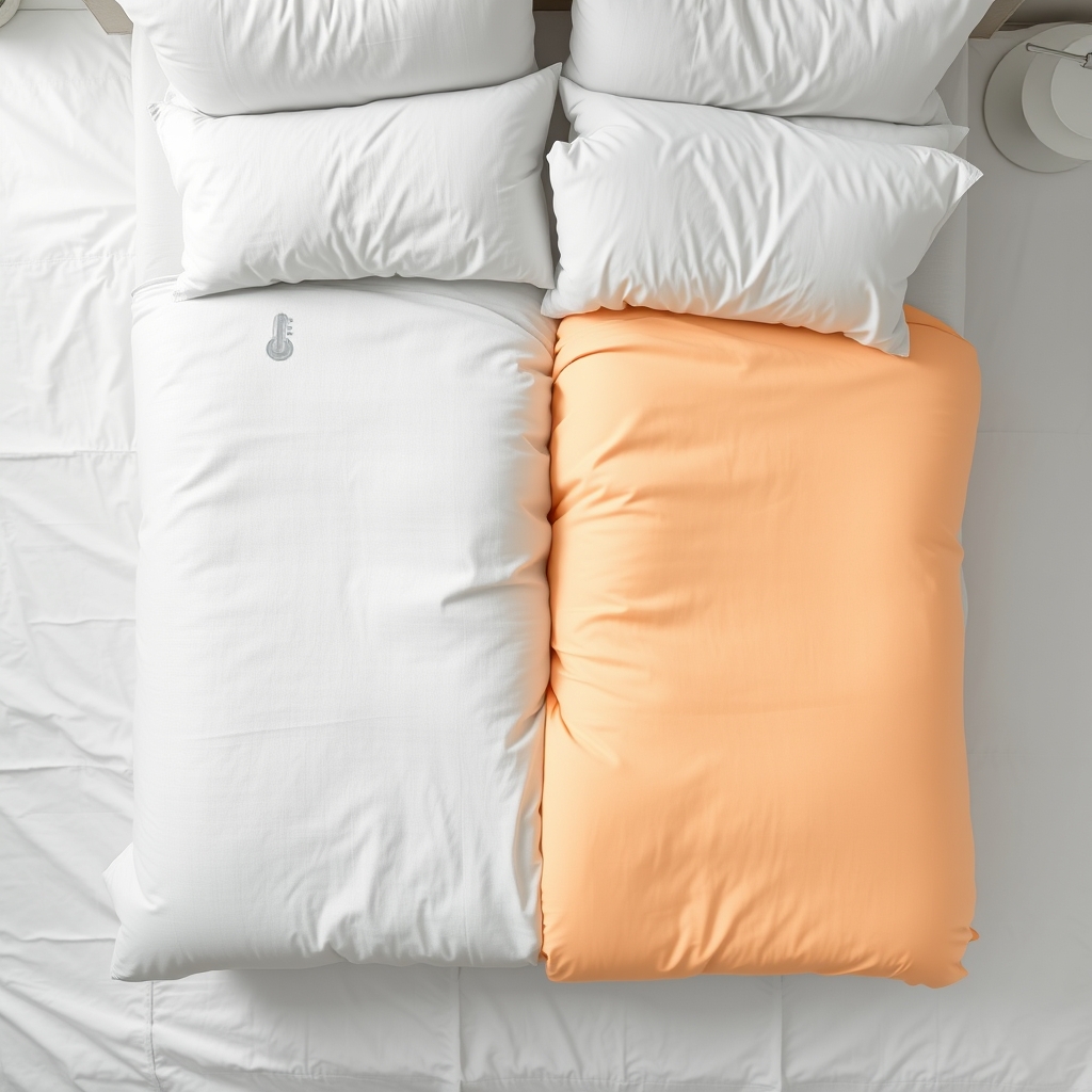 best mattress construction — Overhead split-bed photo contrasting cool breathable mattress surface on the left with warm heat-retaining surface on the right