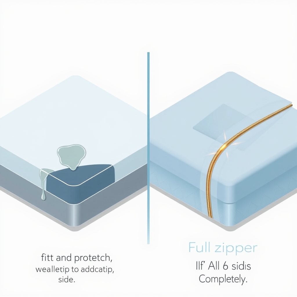 best mattress protector — Side-by-side diagram comparing a fitted-sheet mattress protector with exposed corners versus a full zippered encasement sealing all sides.