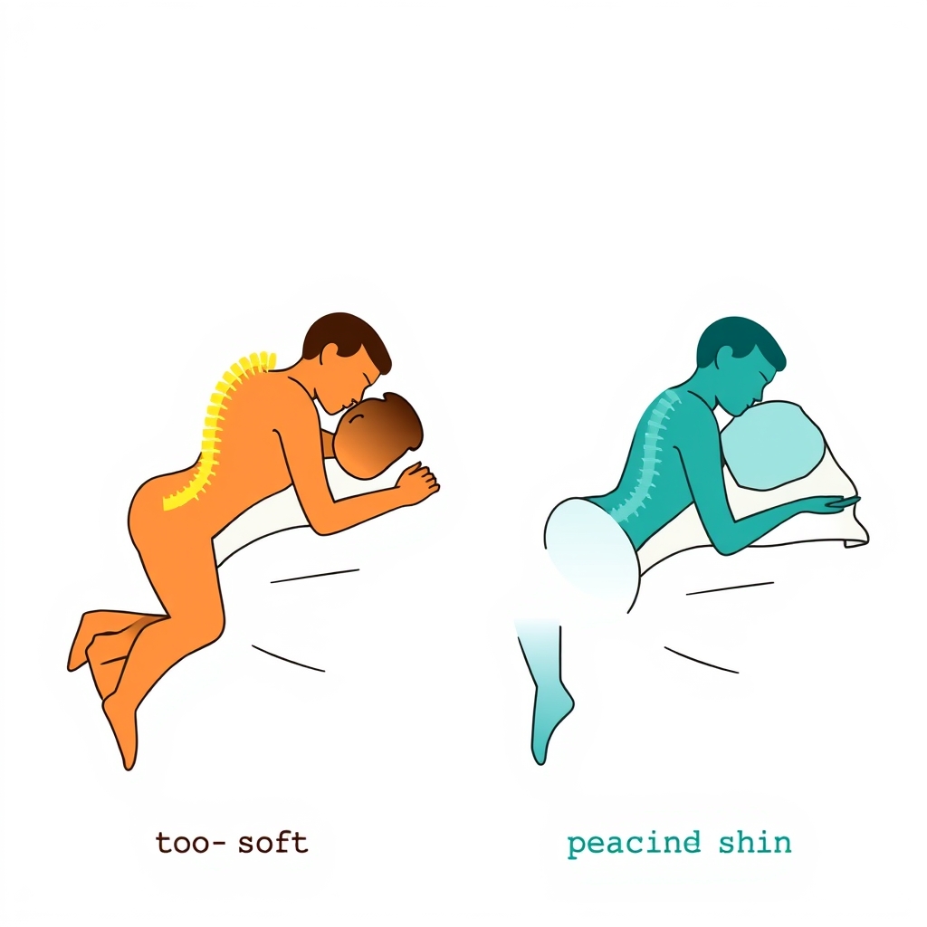 best mattresses for back pain — Side-by-side comparison of poor spinal alignment on a soft mattress versus neutral spinal alignment on a supportive mattress.