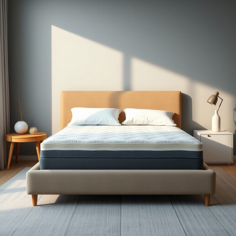 best memory foam mattresses — Modern bedroom with a thick memory foam mattress shown in cross-section, revealing layered foam construction under white bedding.