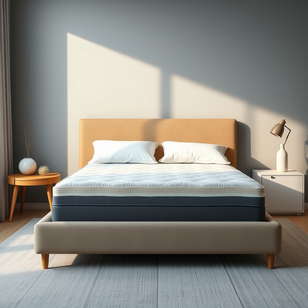 best memory foam mattresses — Modern bedroom with a thick memory foam mattress shown in cross-section, revealing layered foam construction under white bedding.