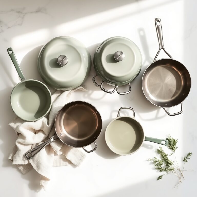 Overhead flat-lay of assorted non-toxic ceramic and stainless-steel cookware on a pale marble kitchen surface
