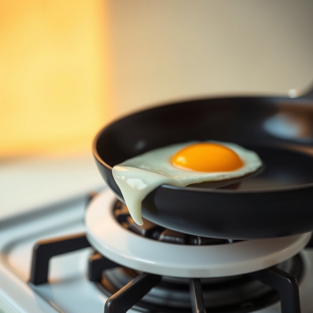 A fried egg sliding cleanly across the glossy interior of a ceramic-coated nonstick skillet on a gas burner