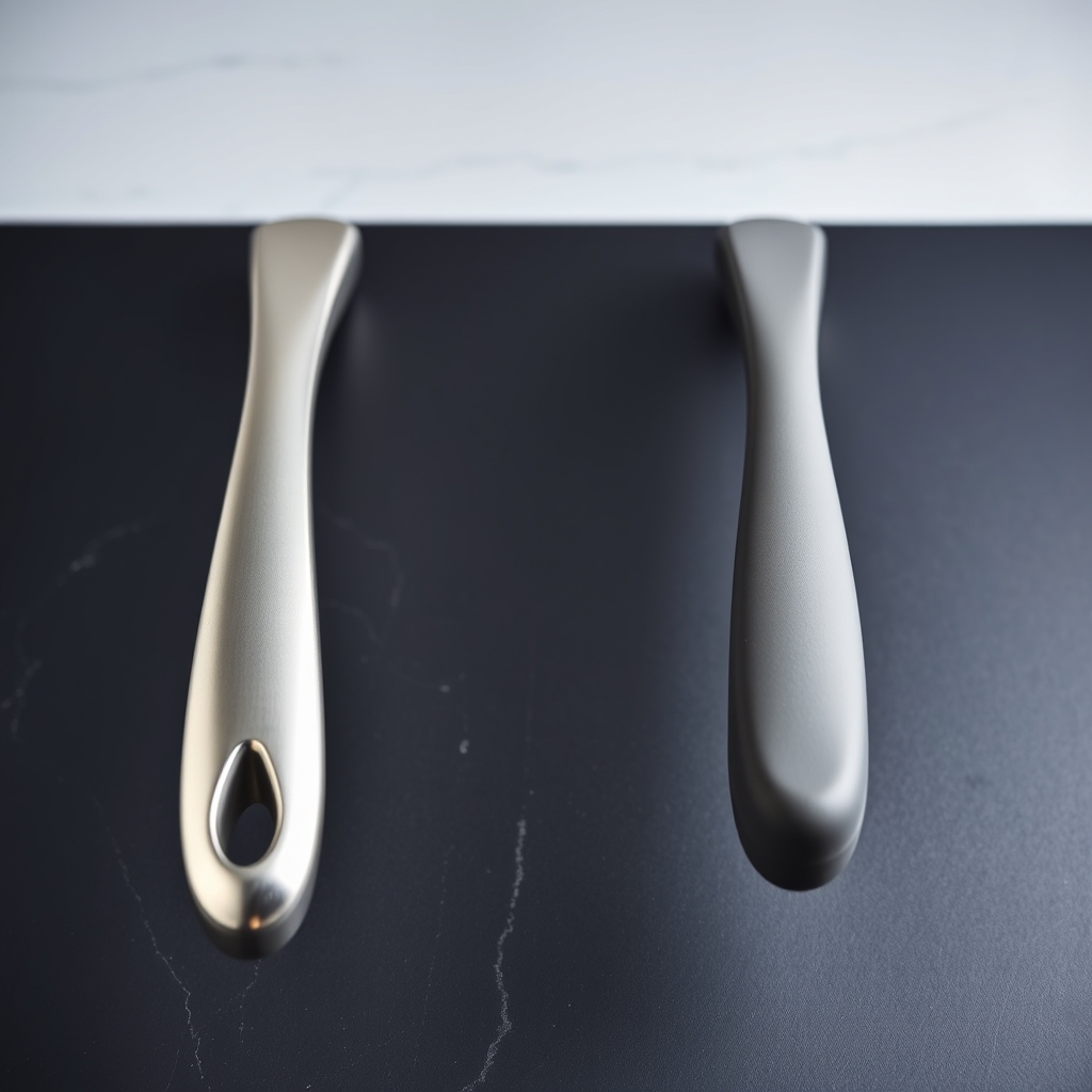 Two cookware handles side by side on slate—a heavy tri-ply stainless handle left, a lighter ceramic-coated handle right—illustrating weight contrast