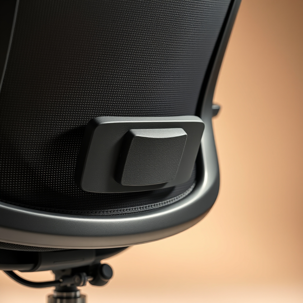 best office chair — Close-up of an ergonomic office chair's adjustable lumbar support mechanism set into a dark mesh backrest