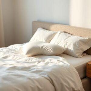 best pillow for neck pain — Contoured cervical pillow centered on a neatly made white bed in a softly lit modern bedroom at dawn.