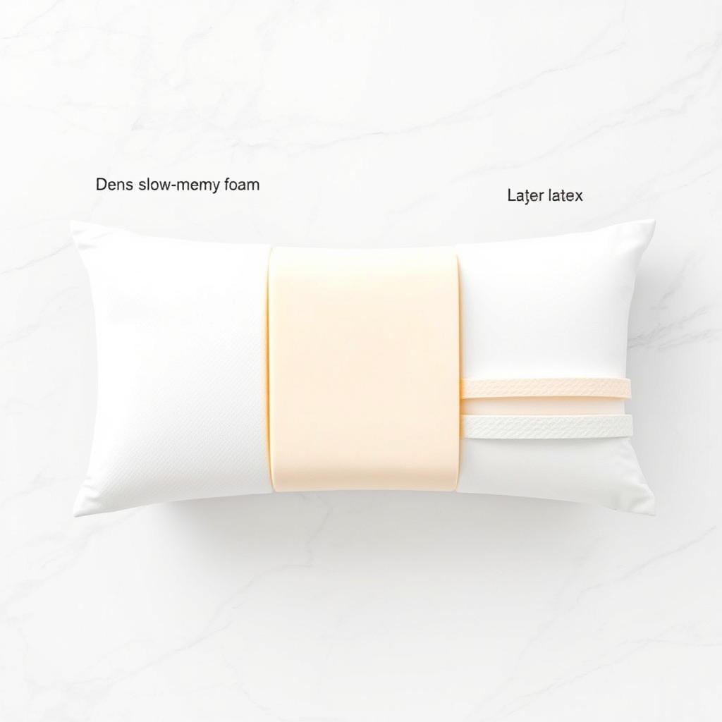 best pillow for sleeping — Three pillow core materials — memory foam, latex, and a hybrid foam-latex slab — displayed side by side in flat-lay on a marble surface.