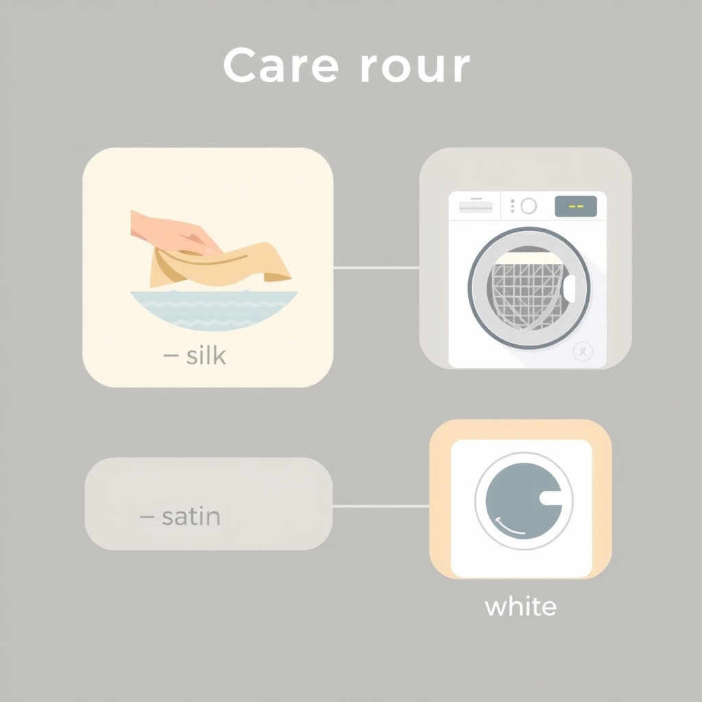 best pillowcase for hair — Three icons illustrating silk hand-wash, satin mesh-bag delicate cycle, and cotton standard machine-wash care routines