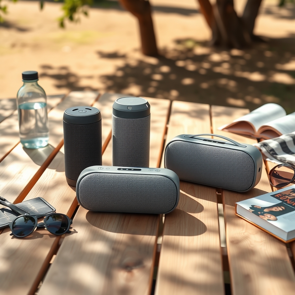best portable bluetooth speakers — Three portable Bluetooth speakers of varying sizes arranged on an outdoor wooden table with summer accessories in natural light.
