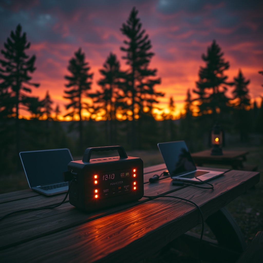 Portable power station on a campsite picnic table at dusk, powering a laptop and lantern amid pine trees.