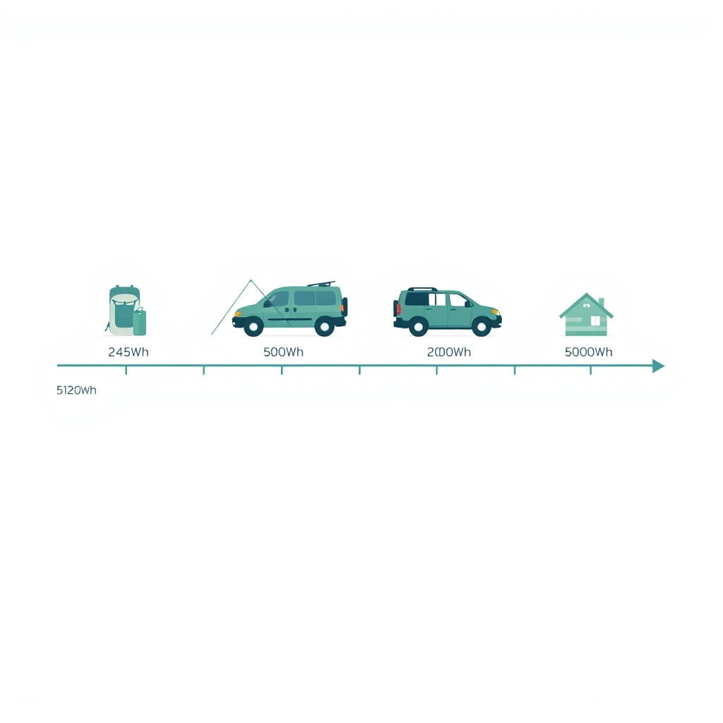 Flat illustration of a capacity scale from 245Wh to 5120Wh mapping use cases from backpacking to cabin backup power.