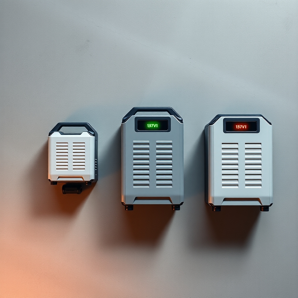 Three portable power stations of different sizes arranged side by side on a concrete surface, seen from above.