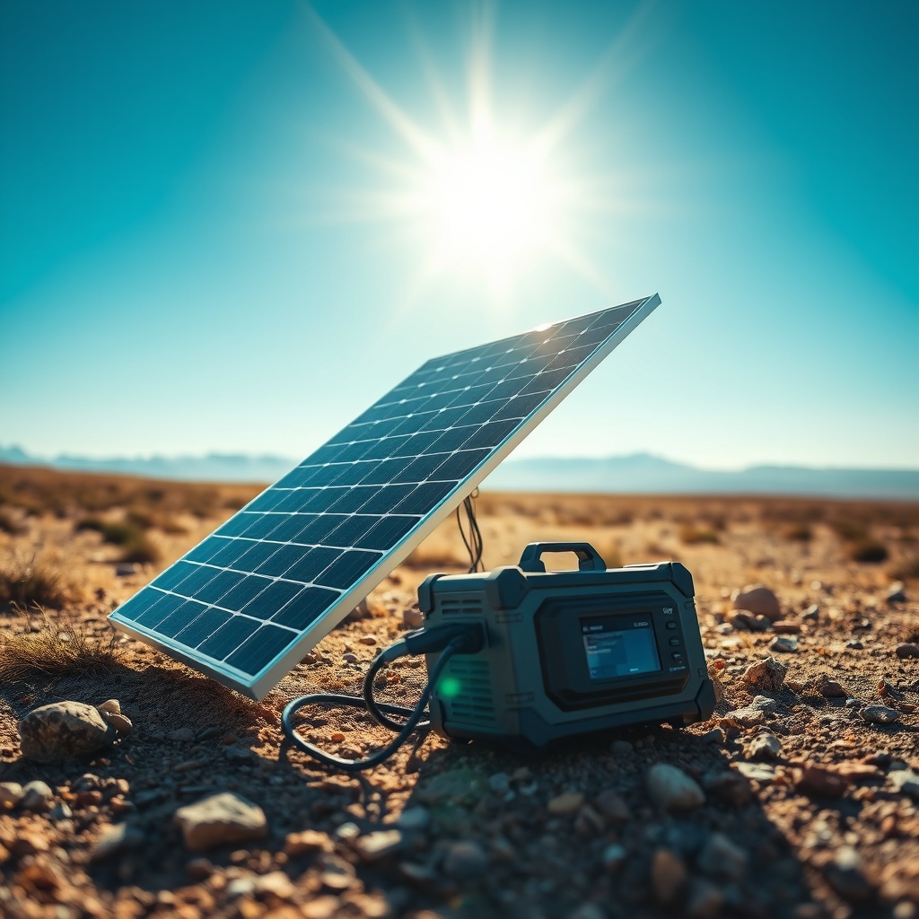 Solar panel connected to a portable power station on rocky ground under bright midday sun in an open landscape.