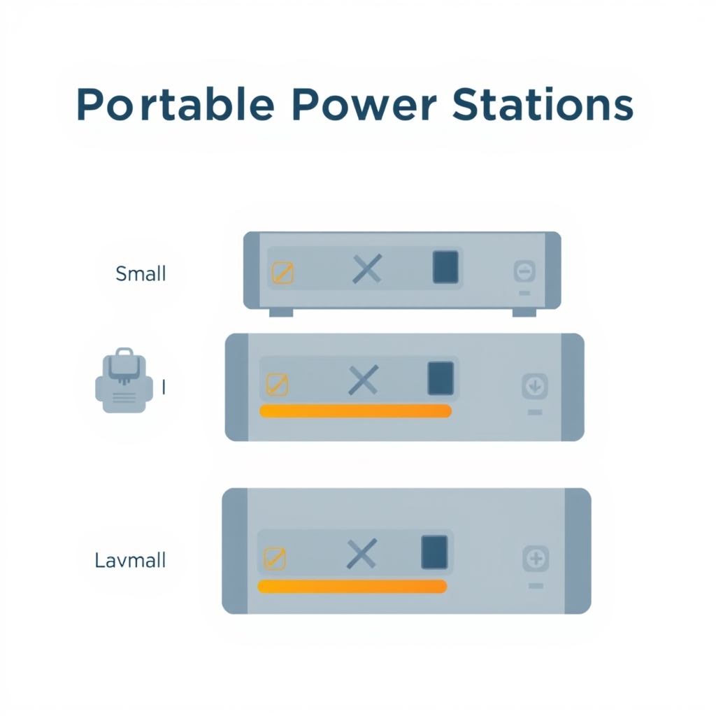 best portable solar generator — Flat vector comparison of three portable power station sizes showing relative weight and capacity with simple icons.