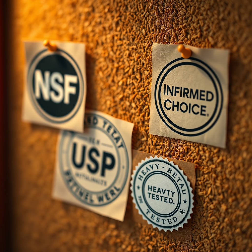 best protein powder for smoothies — Four third-party protein powder certification labels — NSF, Informed Choice, USP, and heavy-metal tested — pinned to a cork board.