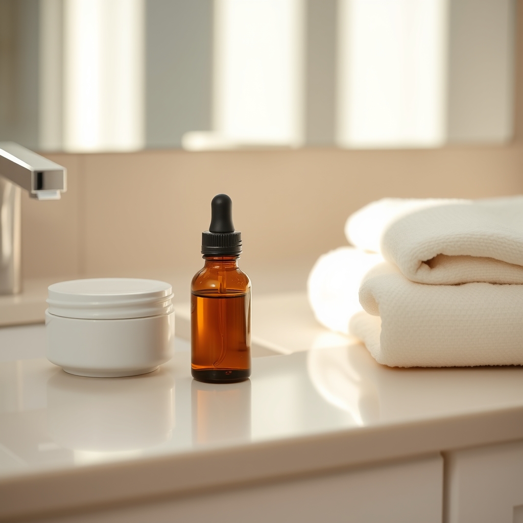 Amber dropper bottle and white moisturizer jar on a clean marble vanity countertop in soft morning light.