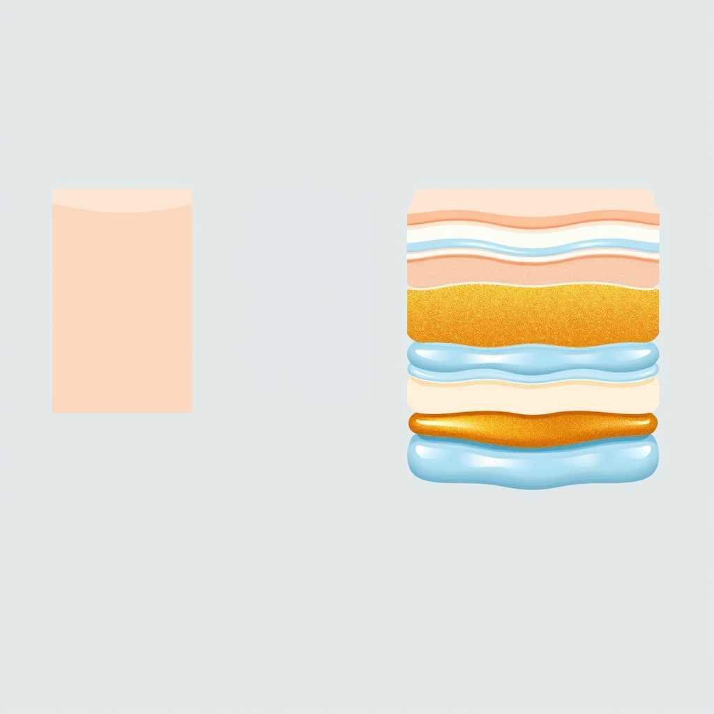 Four-panel flat illustration showing the sandwich technique: bare skin, moisturizer layer, retinol layer, then second moisturizer layer.