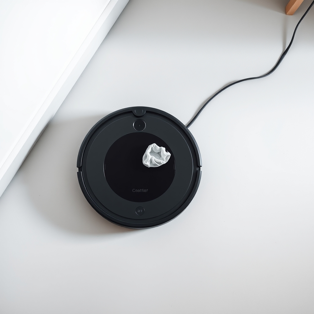 best robot vacuum — Compact robot vacuum self-emptying base station sitting in a home corner with a dustbag visible inside
