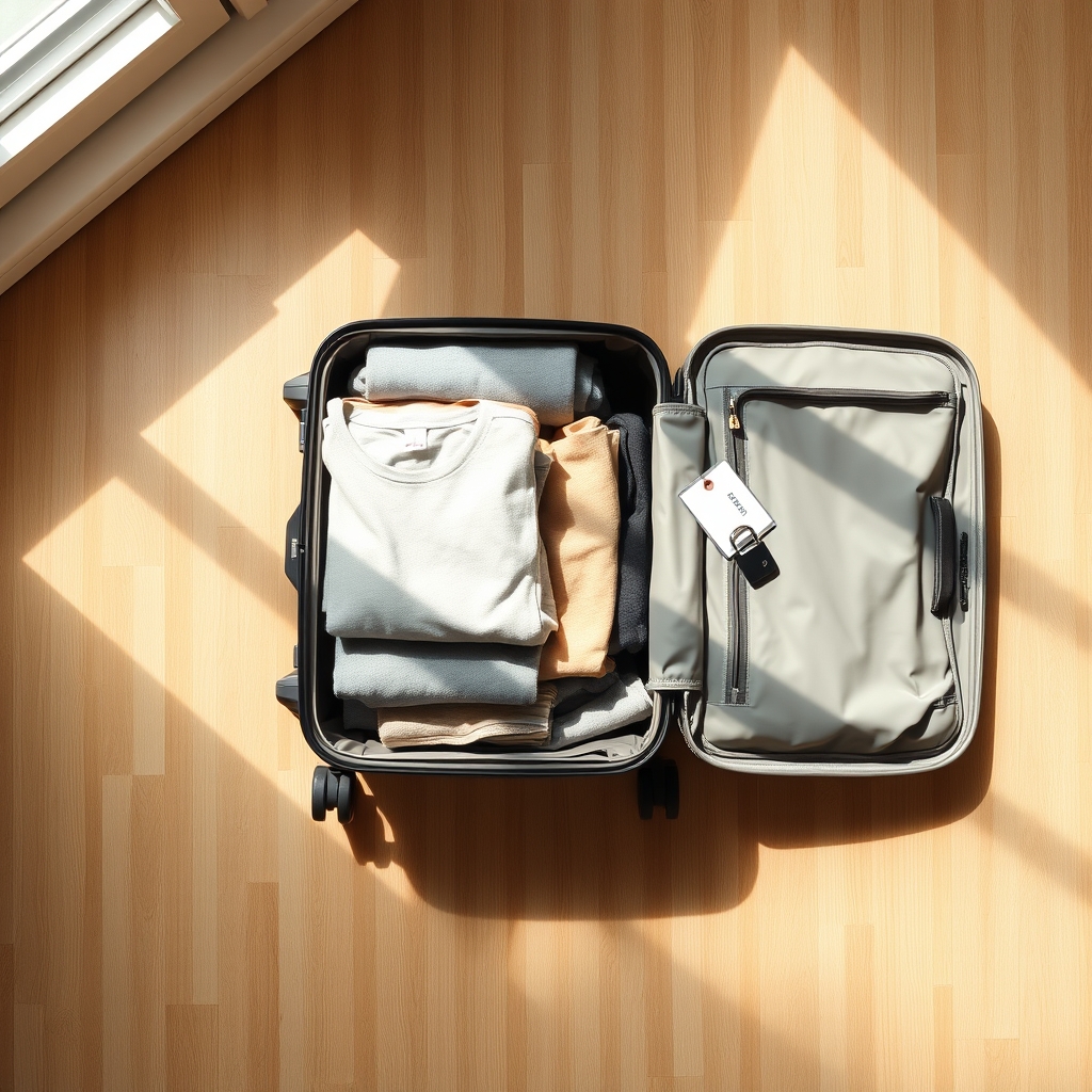 best samsonite luggage — Overhead view of an open hard-shell suitcase packed with folded clothes and a TSA lock visible on the zipper, on a wood floor.