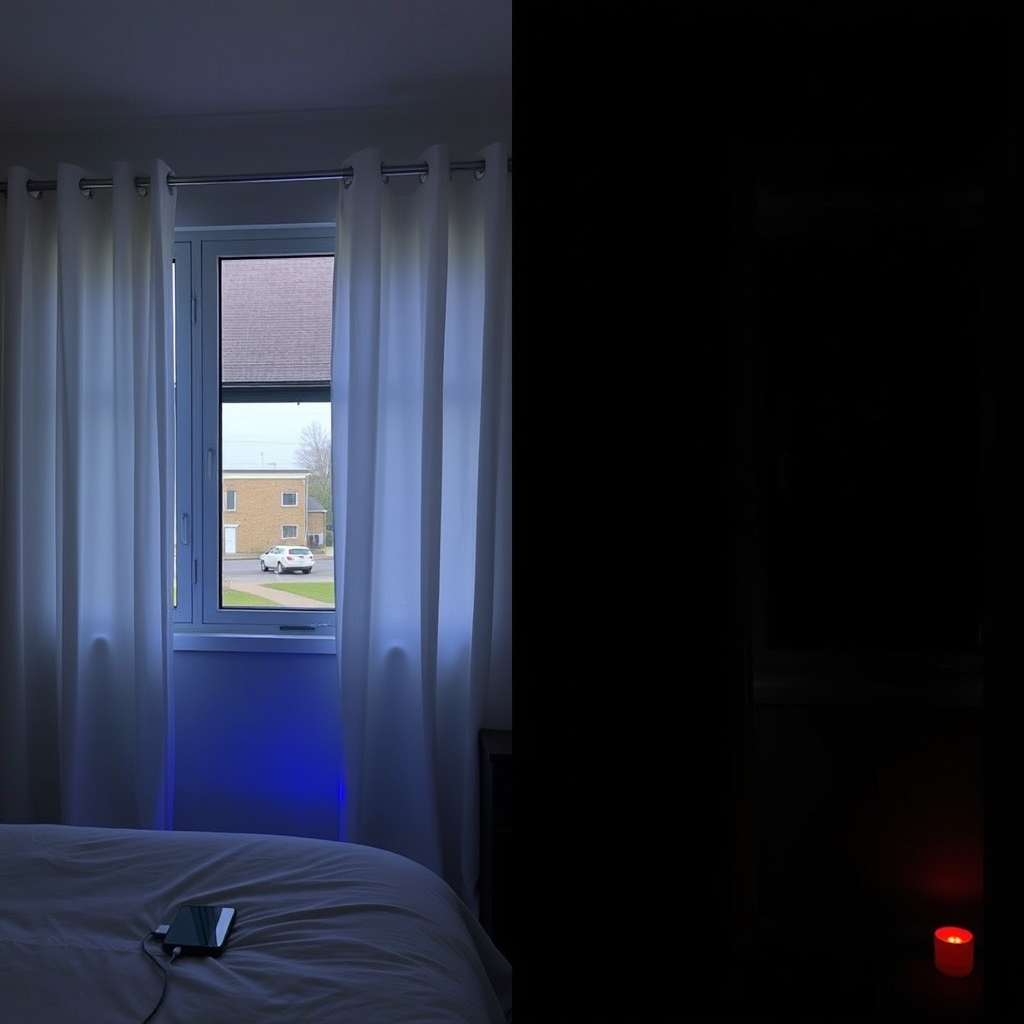 best sleep temperature — Side-by-side bedroom windows comparing thin curtains letting in streetlight versus thick blackout curtains creating near-total darkness with a red night light.