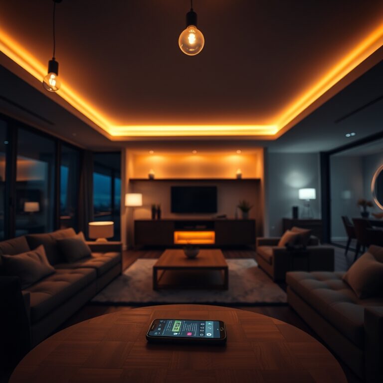 Modern living room at dusk lit by smart bulbs in warm amber and cool white tones, smartphone on coffee table