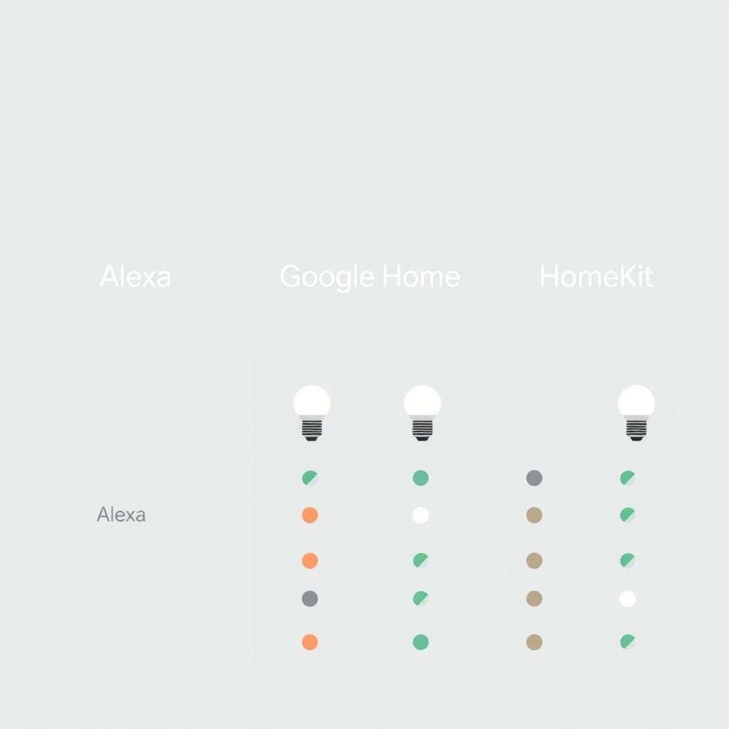 Compatibility chart showing which smart bulb brands support Alexa, Google Home, and Apple HomeKit ecosystems