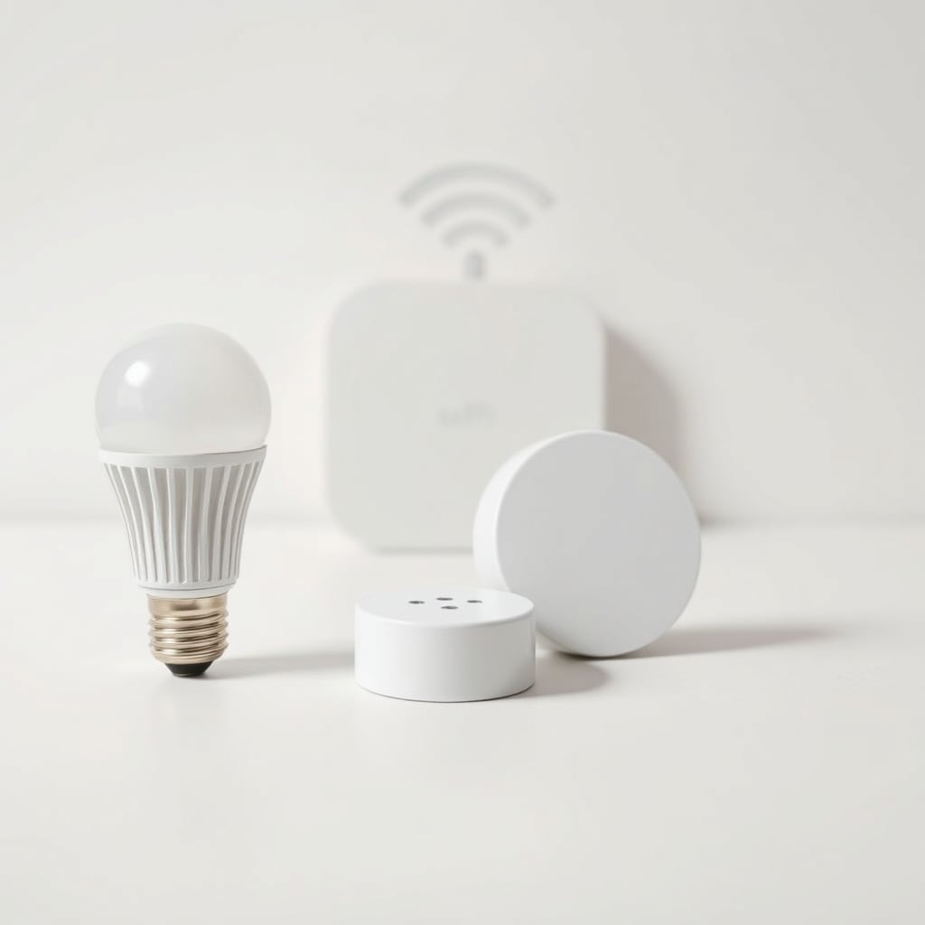 Smart bulb next to a hub device illustrating the hub versus hubless smart lighting setup comparison