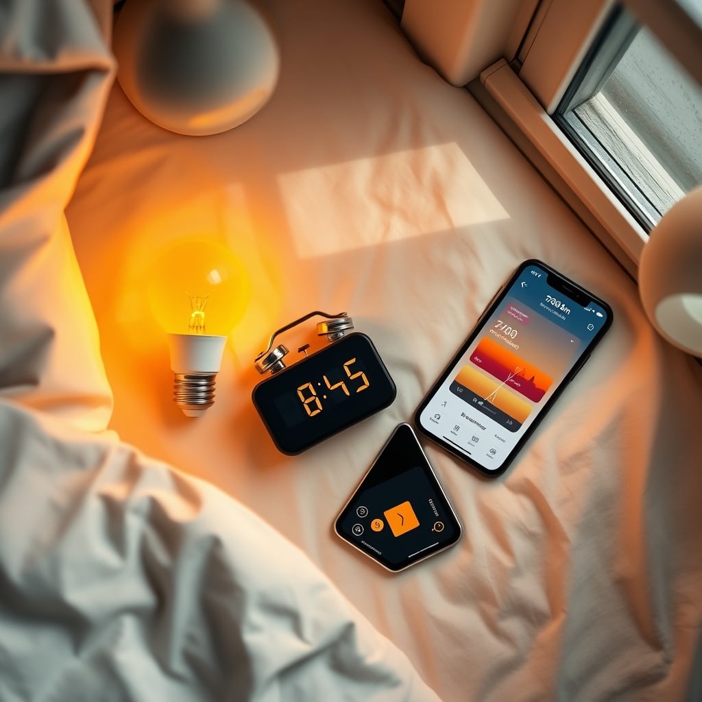 Smart bulb glowing warm amber beside a phone showing a scheduling app with sunrise and sunset automation sliders