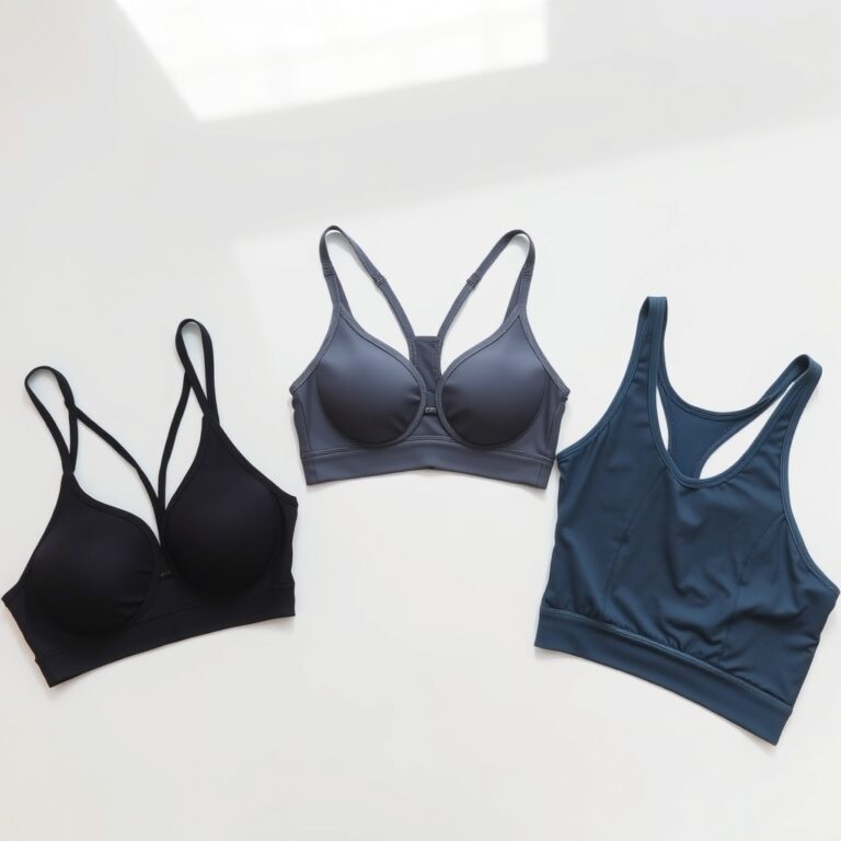 best sports bras by impact level — Three sports bras arranged side by side on white surface, showing high-, medium-, and low-impact support styles.