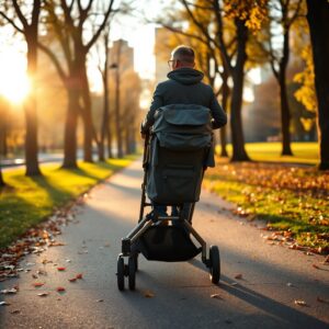 best stroller 2026 — Parent pushing a modern stroller on a sunlit park path surrounded by trees in warm golden-hour light.