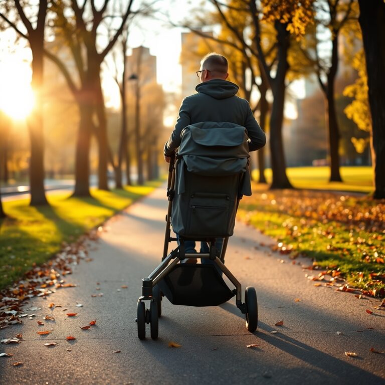 best stroller 2026 — Parent pushing a modern stroller on a sunlit park path surrounded by trees in warm golden-hour light.