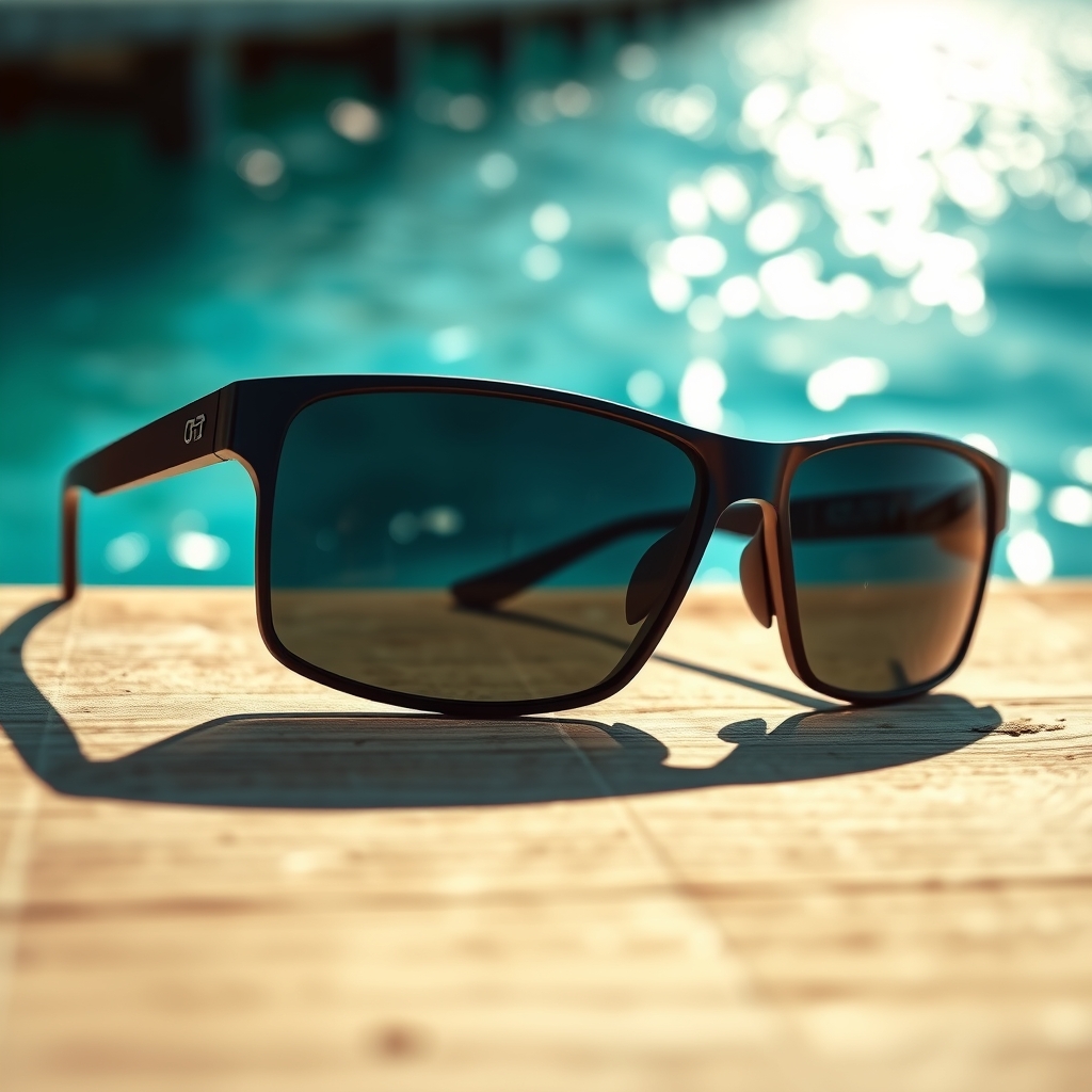 Polarized sunglasses on a sun-bleached dock with bright glittering water in the background, warm afternoon light.
