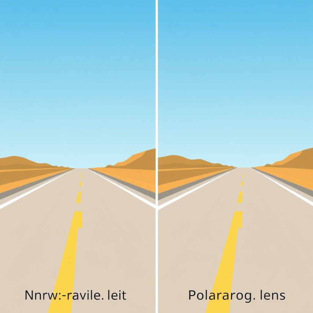 Split illustration comparing a glare-washed road view through a non-polarized lens versus a clear, glare-free view through a polarized lens.