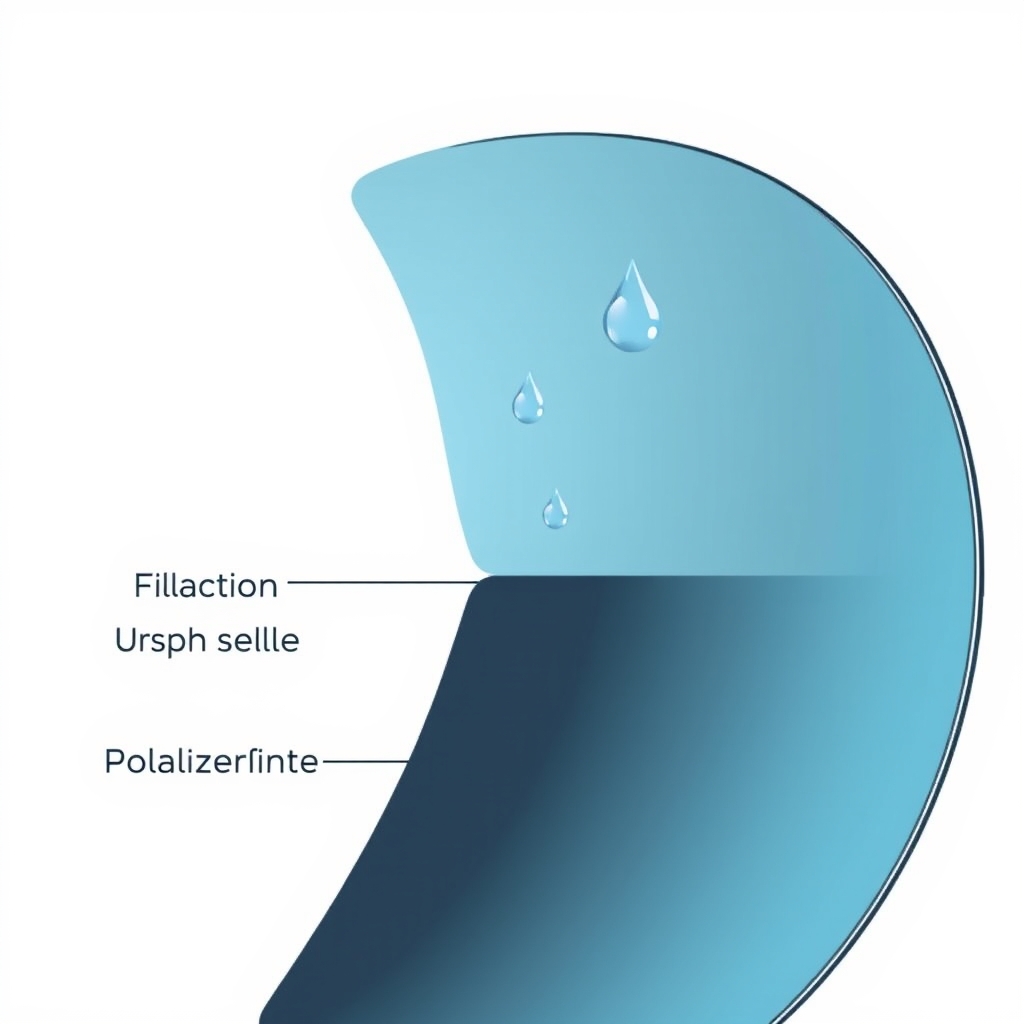 Cross-section diagram of sunglass lens layers showing scratch-resistant coating, oleophobic layer with beading water, and polarizing filter core.