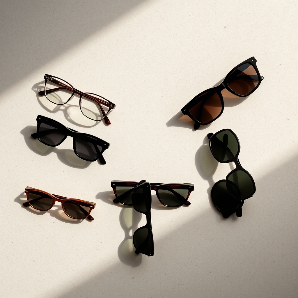 Five pairs of sunglasses in varying styles arranged in an arc on pale concrete under soft studio light, from minimal to sporty frames.