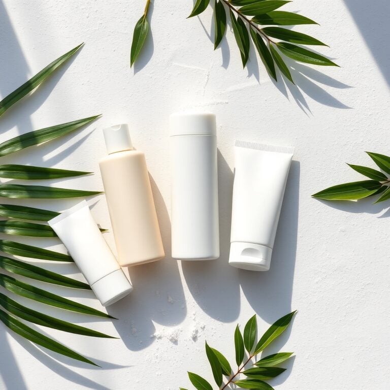 Assorted unbranded sunscreen bottles arranged on a white stone surface with tropical leaves and soft natural lighting.