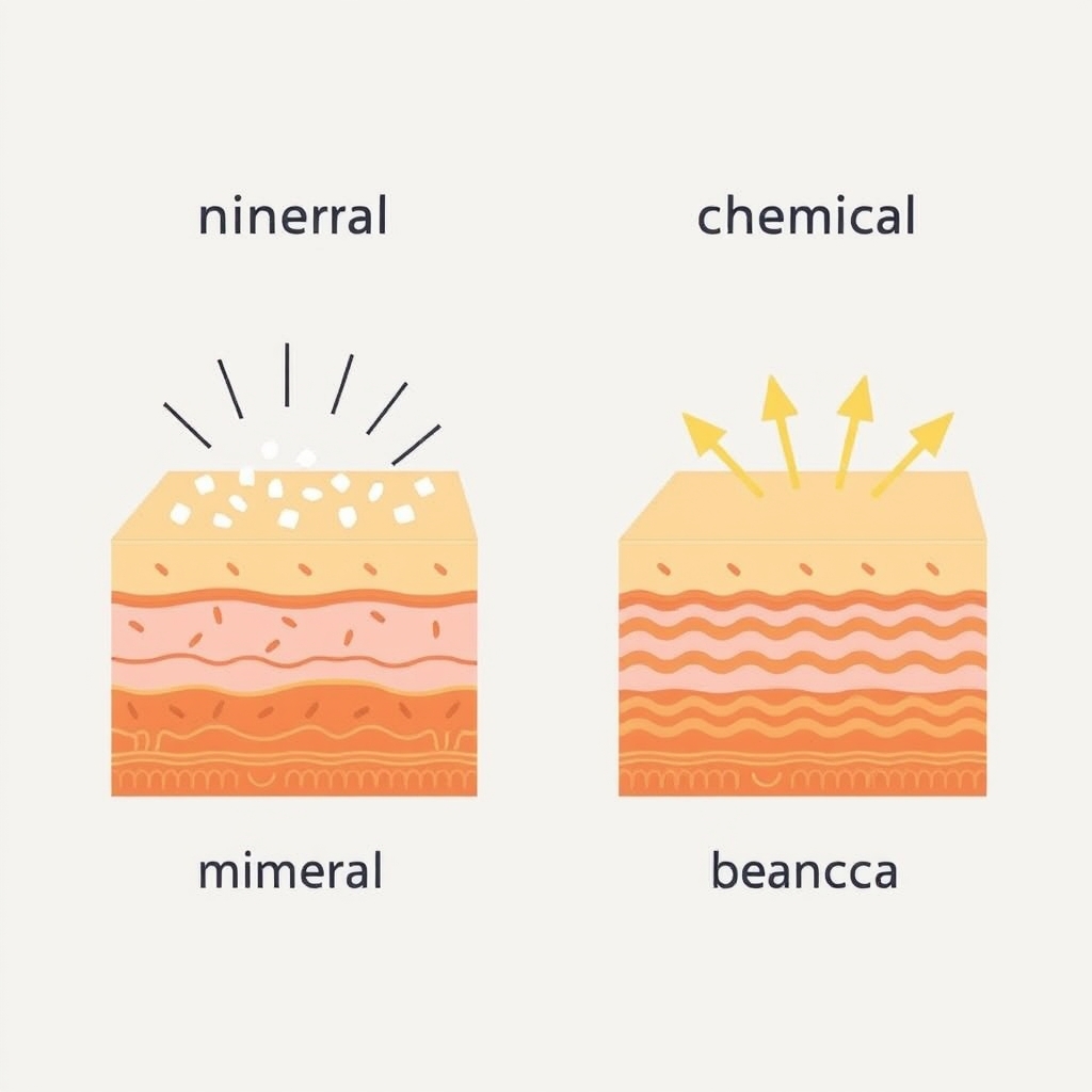Side-by-side diagram showing mineral sunscreen reflecting UV rays off skin surface versus chemical sunscreen absorbing UV rays as heat.