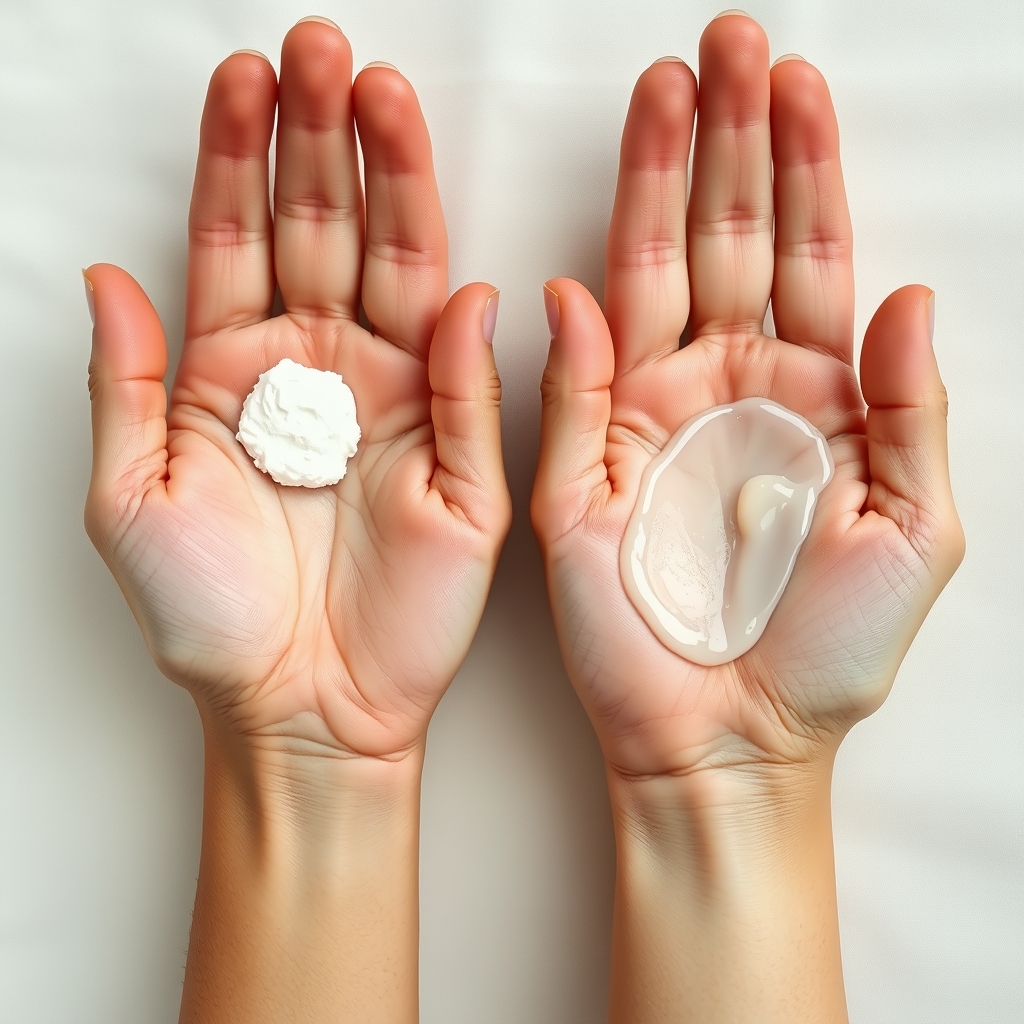 Two palms held open showing the texture difference between thick white mineral sunscreen and a thin sheer chemical sunscreen gel.